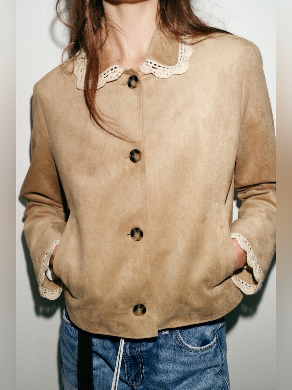 EUC Zara Beige Faux Suede Jacket with Crochet Trim